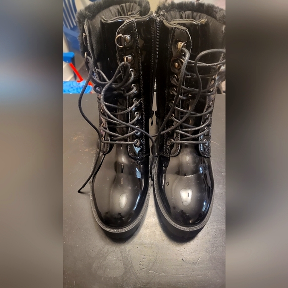 Women's size 11 black platinum leather boots with faux fur at the top by ROUGE - Picture 1 of 6